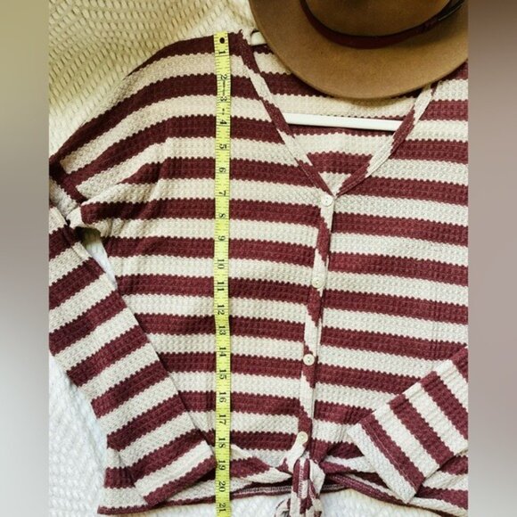 Altard State Waffle Knit Long Sleeve Tie Front Top Brown & Tan Stripes Size S - Picture 7 of 7